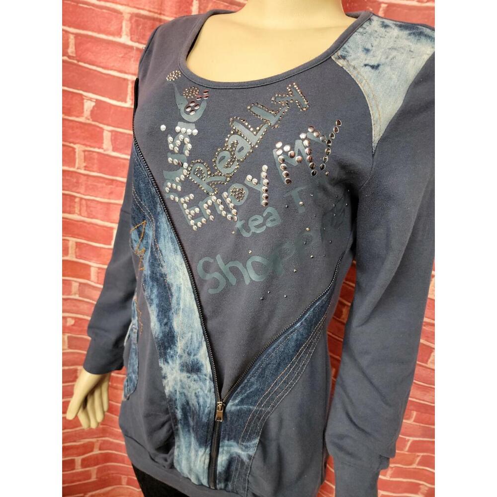GHOLE, Made In France Size 3 RARE Womens Embellished Artwear Sweatshirt Navy #C6 - Picture 6 of 9